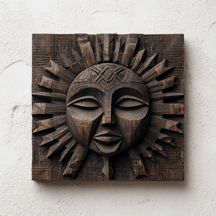 African Tribal Sun God Wooden Relief Wall Sculpture  Wood Sculpture