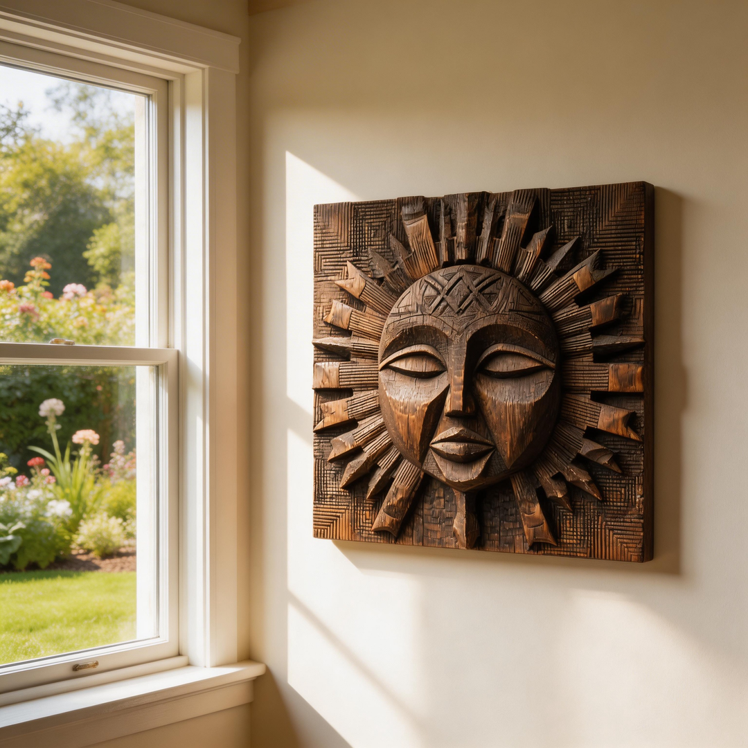 African Tribal Sun God Wooden Relief Wall Sculpture  Wood Sculpture