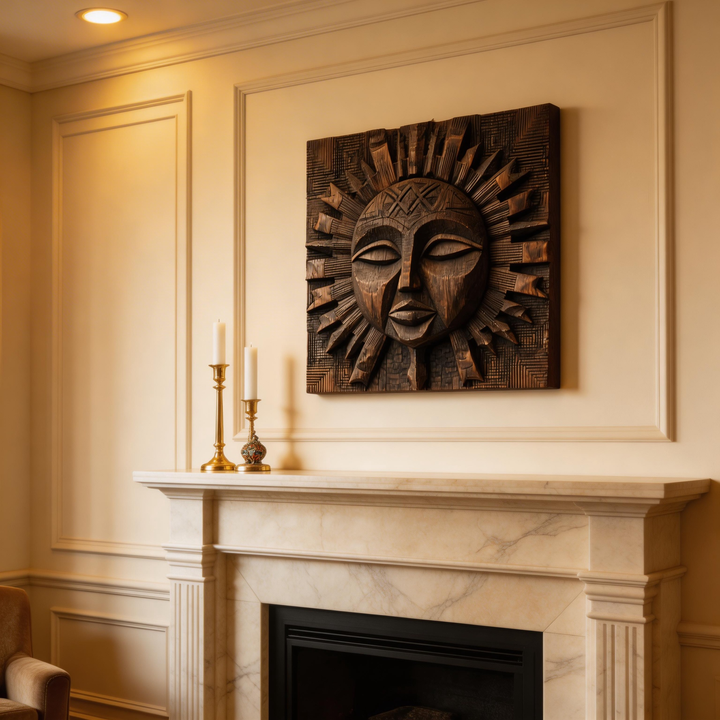African Tribal Sun God Wooden Relief Wall Sculpture  Wood Sculpture