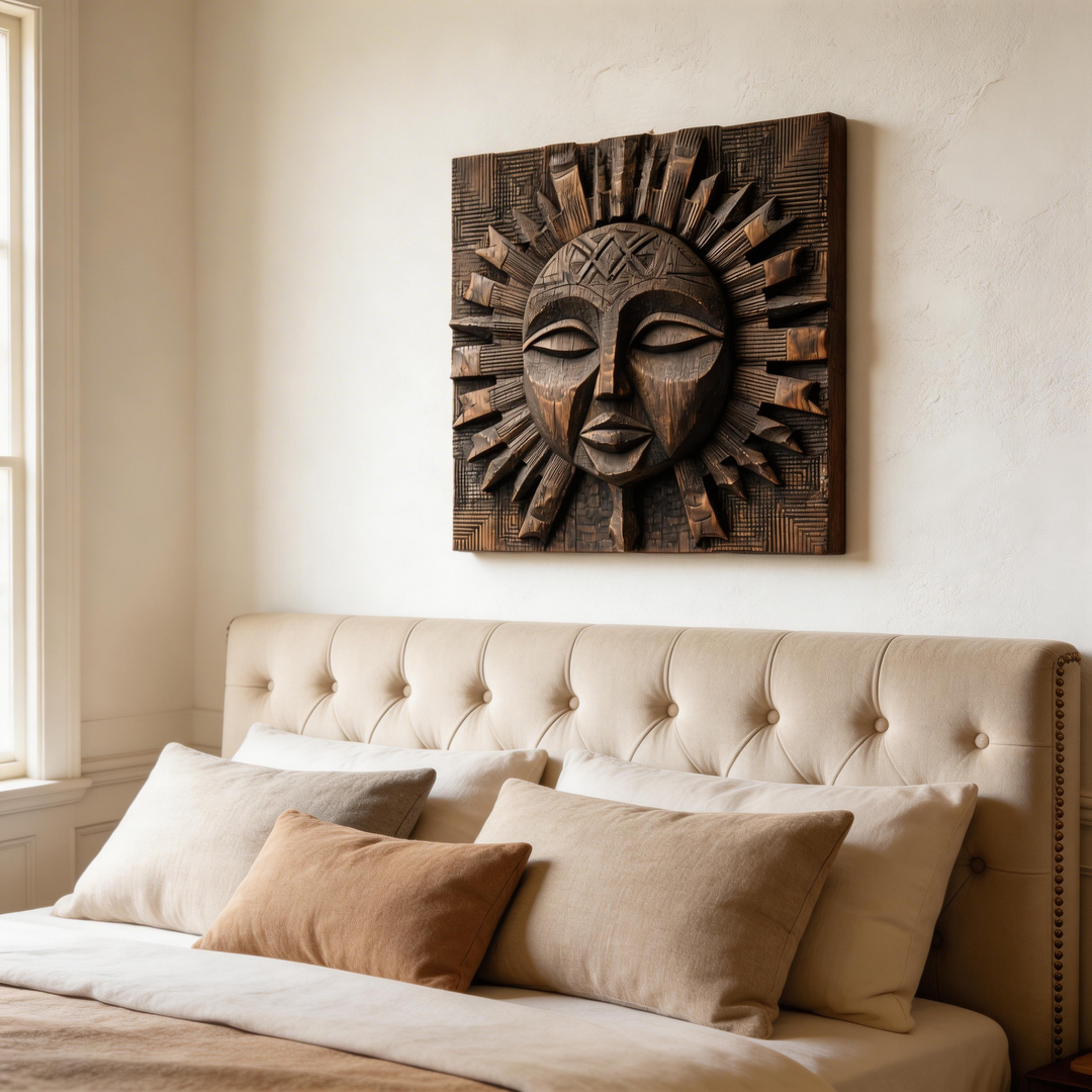 African Tribal Sun God Wooden Relief Wall Sculpture  Wood Sculpture